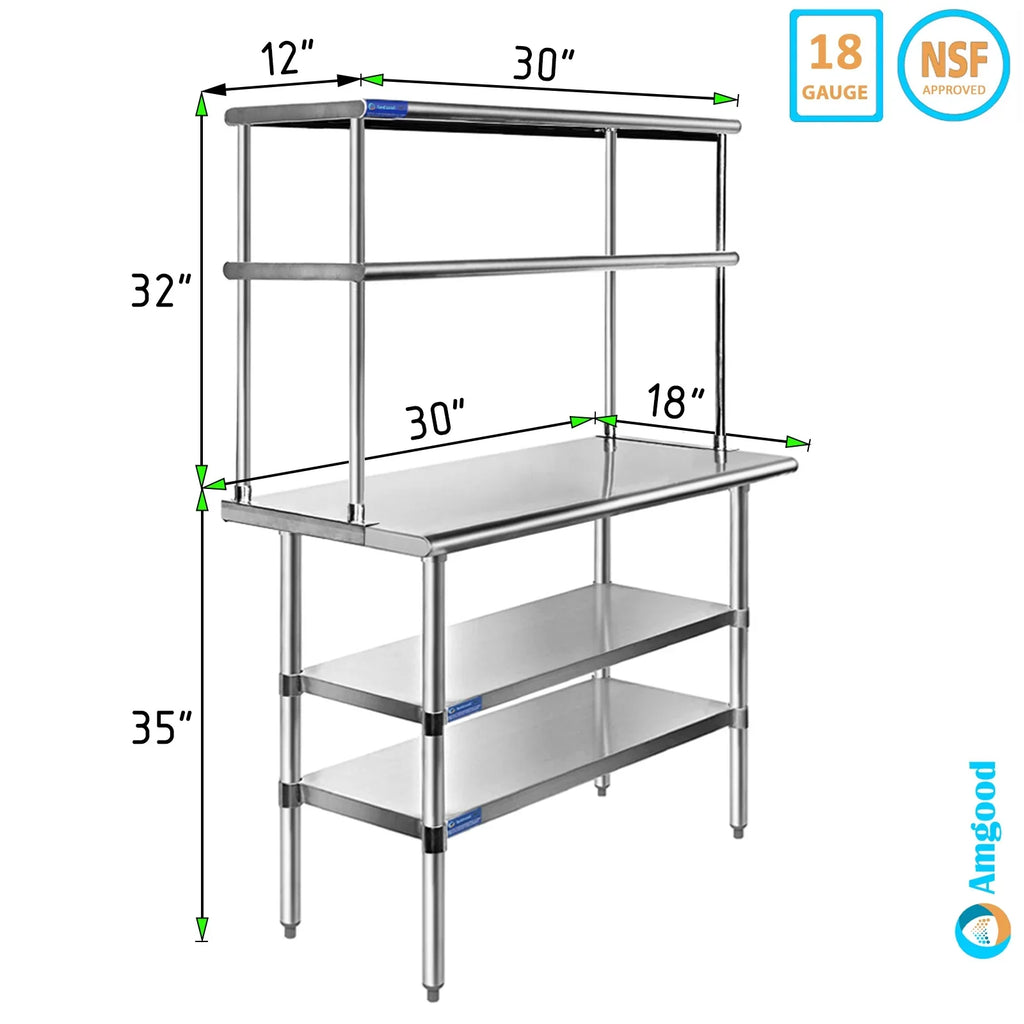 Shelves Kitchen Double & 30" Steel x Wide | Combo 18" Shelving Tier Metal Overshelf 12" Two | With Table Table Prep Stainless Work