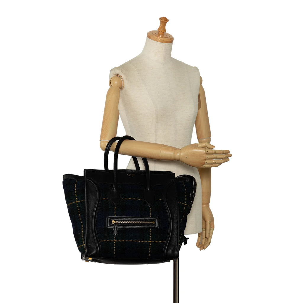 Blue Fabric Pre-Owned Bag Luggage (Good) Wool Tote Tartan Mini Celine Tote Authenticated Unisex