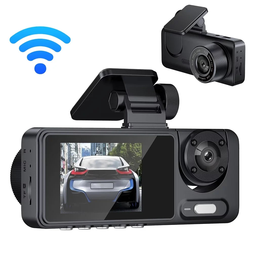 Multi-Language Andoer Clear Wide Car Dash Recorder Recorder Cam Video Safety Mirror Recording Angle Car Camcorder Camera Driving Car 3 Cameras Auto Rearview