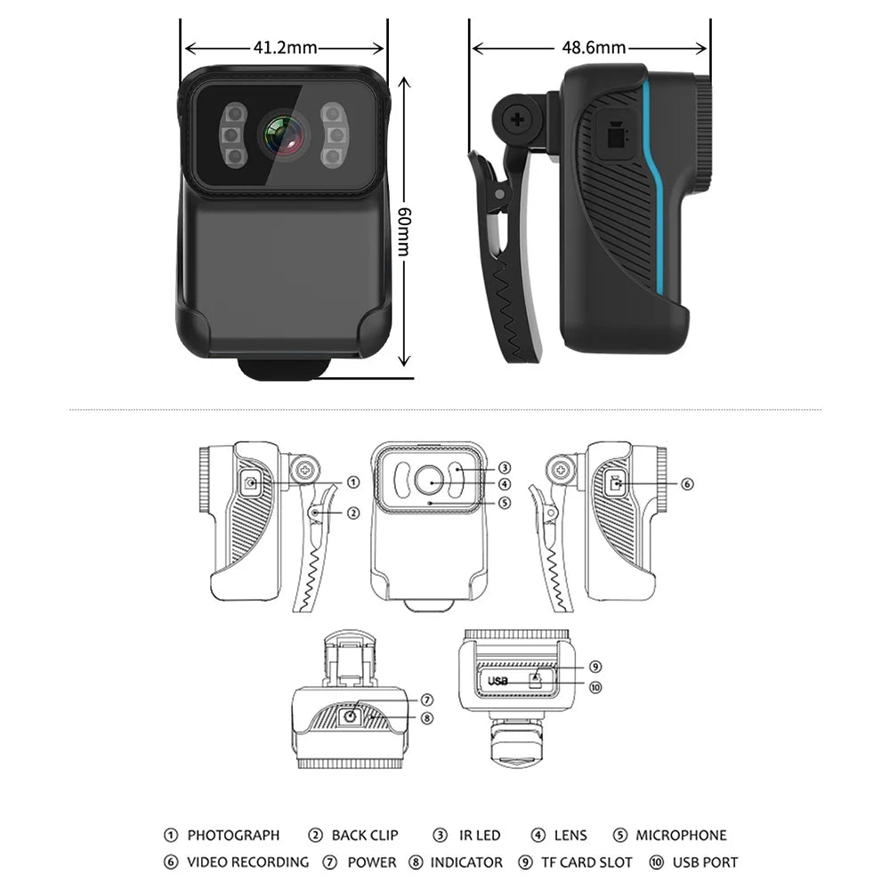 Built-in Night Vision, Wide Video 1080P Camera, Clip Action Backside Recording, Lens, Angle Battery, Video Waterproof, Loop Microphone, Andoer Camera, WiFi