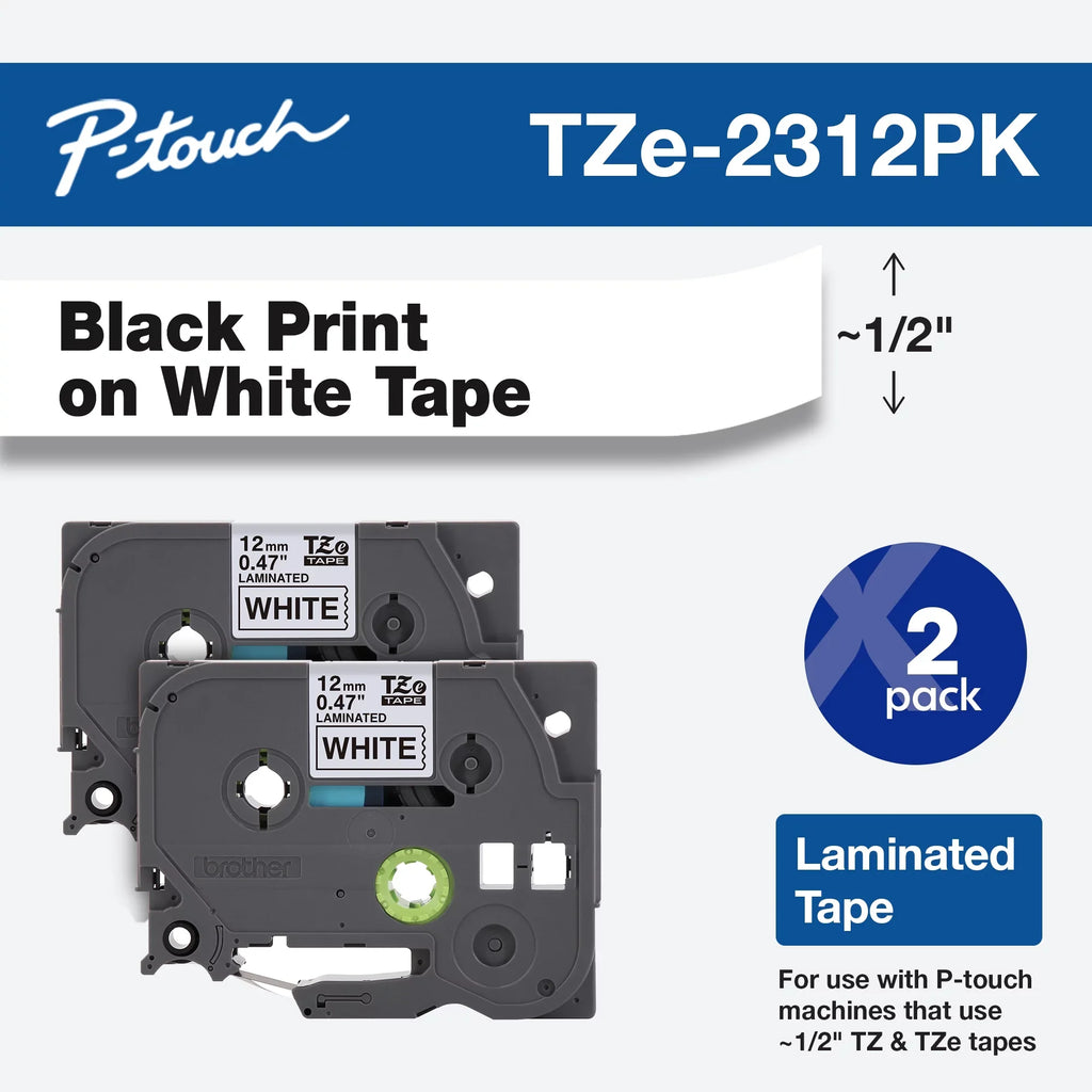 White, 2/Pack P-touch 1/2"w, Standard on Laminated Adhesive Tze Labeling Black Brother Tapes,