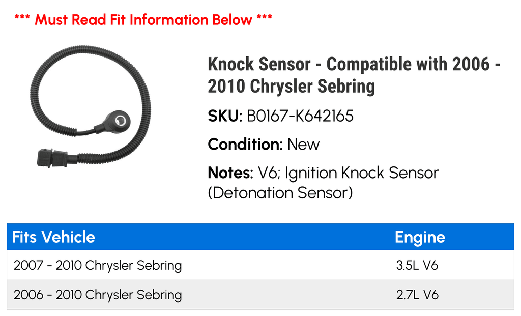 Chrysler 2009 Sebring 2008 - 2006 Knock 2010 Sensor Compatible with 2007 -