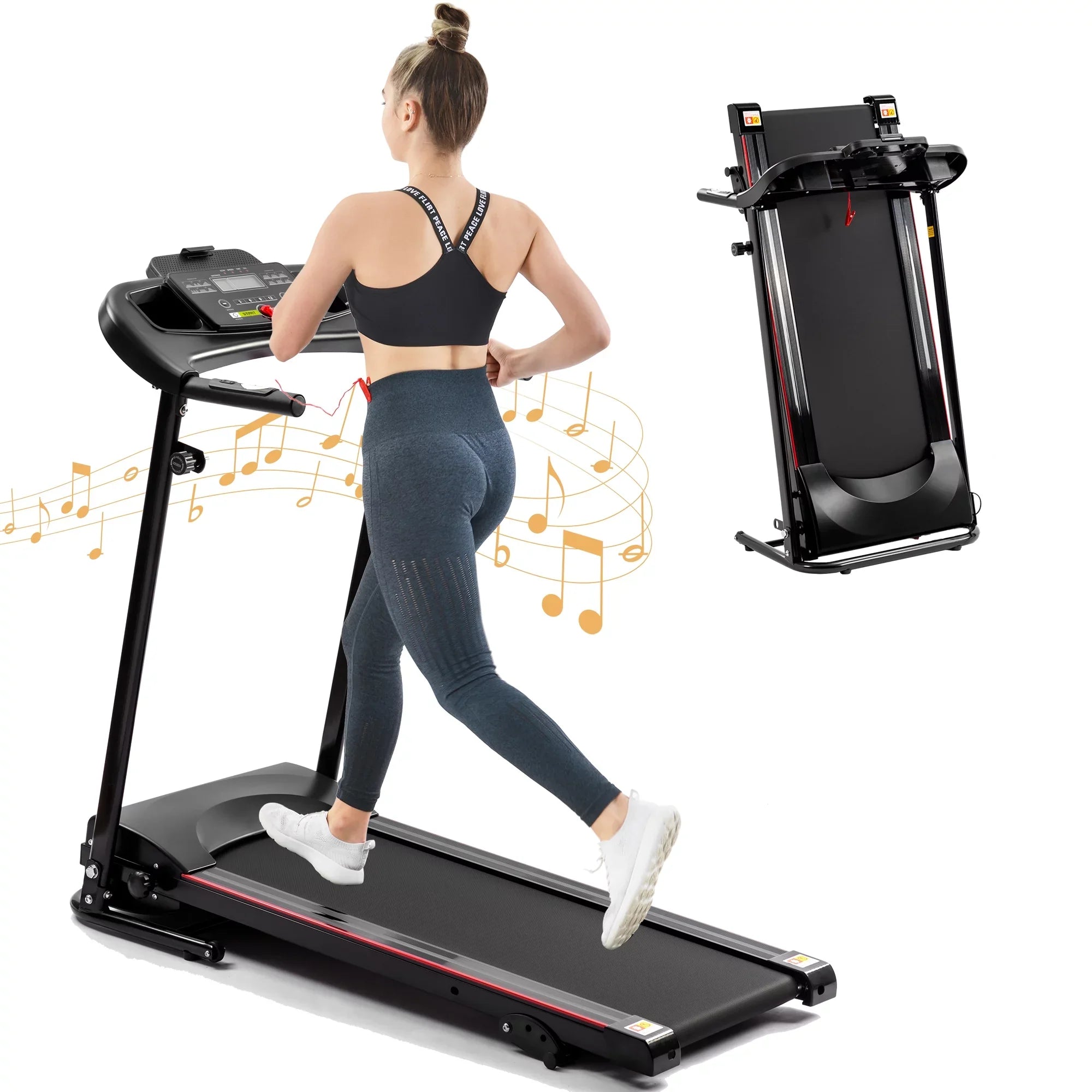 Machine Gym Electric Running Incline Treadmill Folding Sensor Exercise Bluetooth Treadmill Rate 2.5HP Holder Fitness Music Home Cup Foldable, for Indoor 12KM/H Walking with Heart for Home