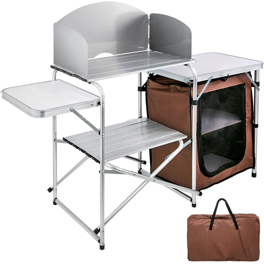 Folding Zippered Party, Color, Camping, 2-Tier, with Table Cook Camping Table Kitchen Outdoor BBQ, Bag for SKYSHALO Portable Brown Camp Table