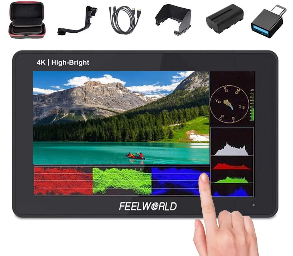 DSLR Touchscreen Camera Pro External FEELWORLD Power Kit F6 3D 5.5 F970 Wireless for Field with 1600nits Install HDMI 4K +Carry +Battery Inch Case LUT FHD 1920x1080 Monitor Transmission