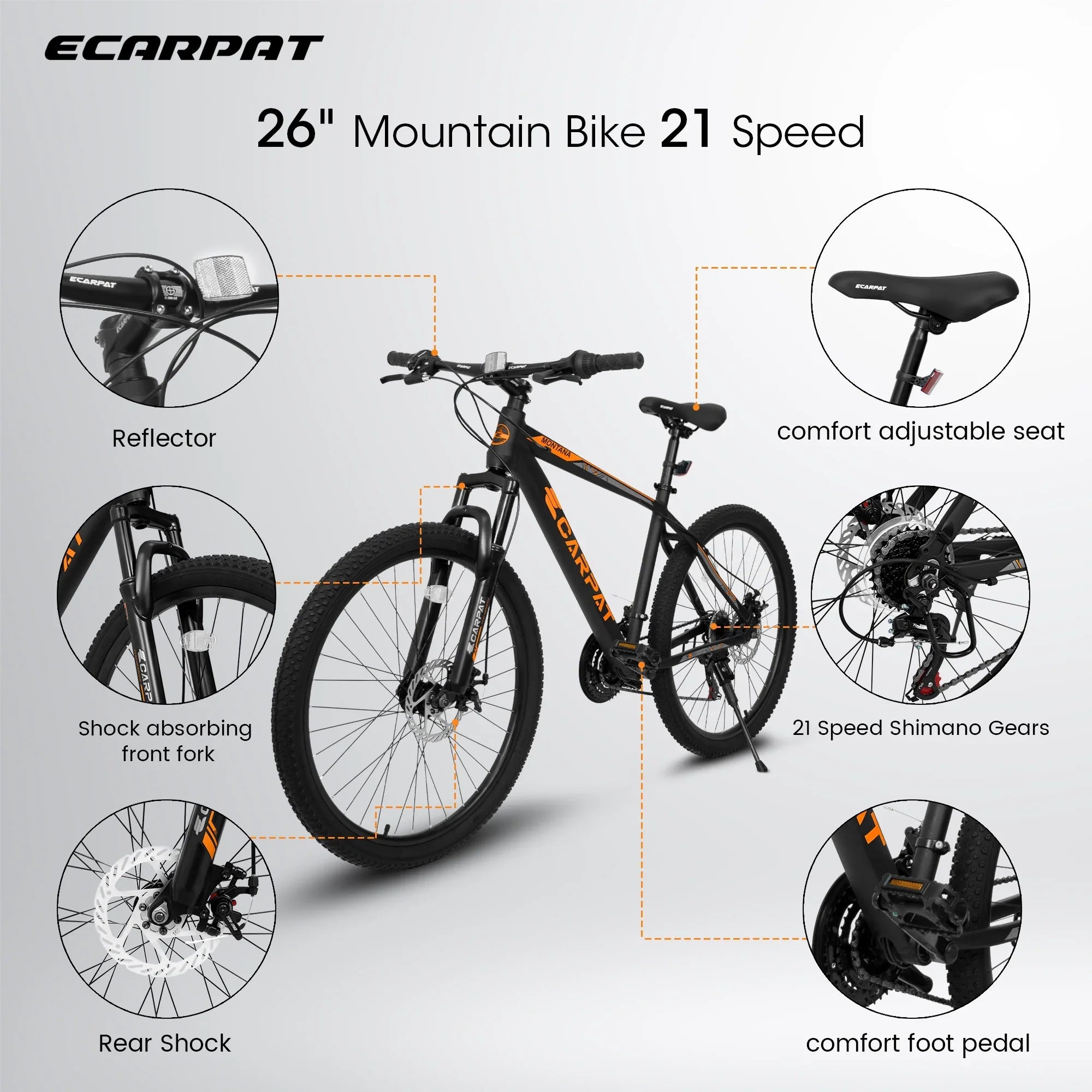 frame orange. inch bike absorbing aluminum 21-speed disc front adult mountain shock bike Ecarpat fork 26 brake, black