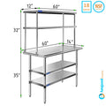 With Double Tier Table Metal Stainless Shelves Prep Kitchen | & 14" | Work Combo Wide 60" 12" Shelving Steel Overshelf Table Two x