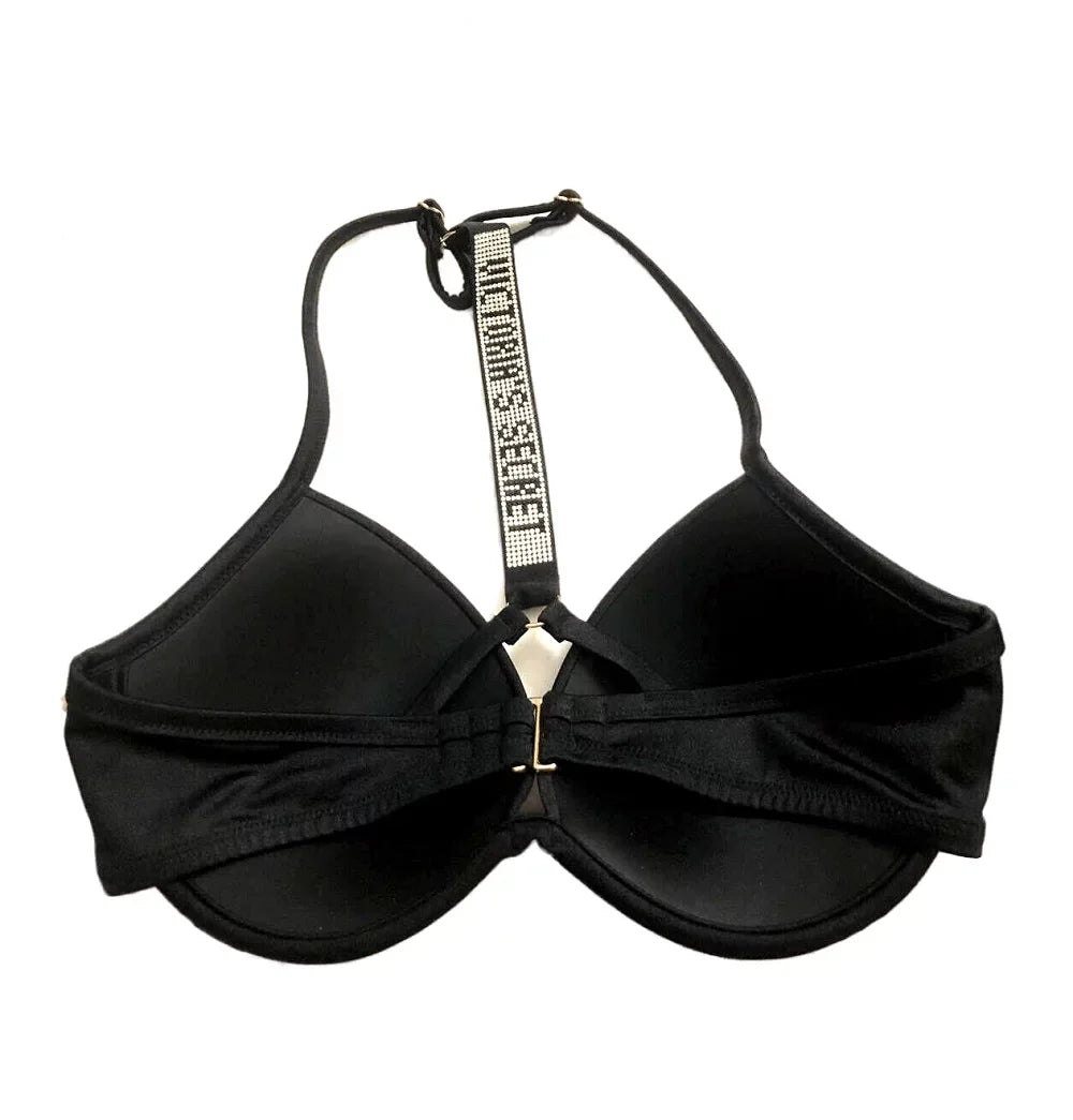 Up Victoria's Secret Strap Swim Fabulous Bikini Top 34DDD Size NWT Push Shine Black