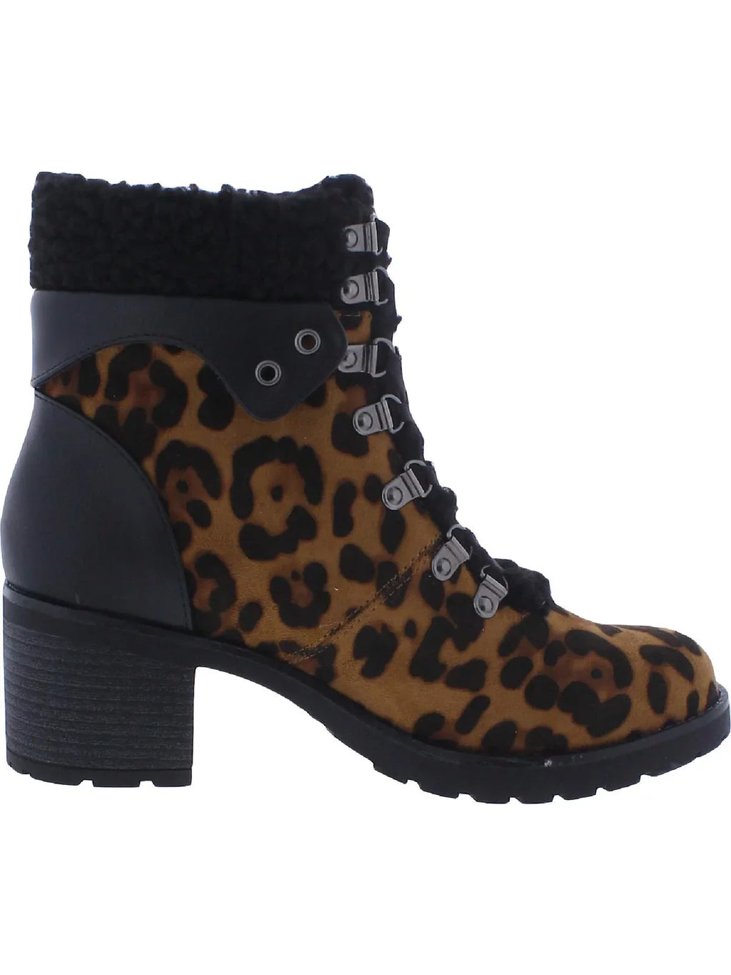 JANE Emilia Womens Hiker Booties Heel Lug Lace-Up Brown SHOE AND Print Leopard Trim Toe Block Sole Round THE 8 Plush Padded
