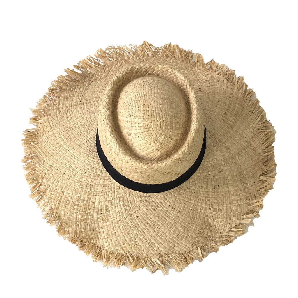 Natural Island Panama Wide Hat, Brim Frayed Edge Blue Straw