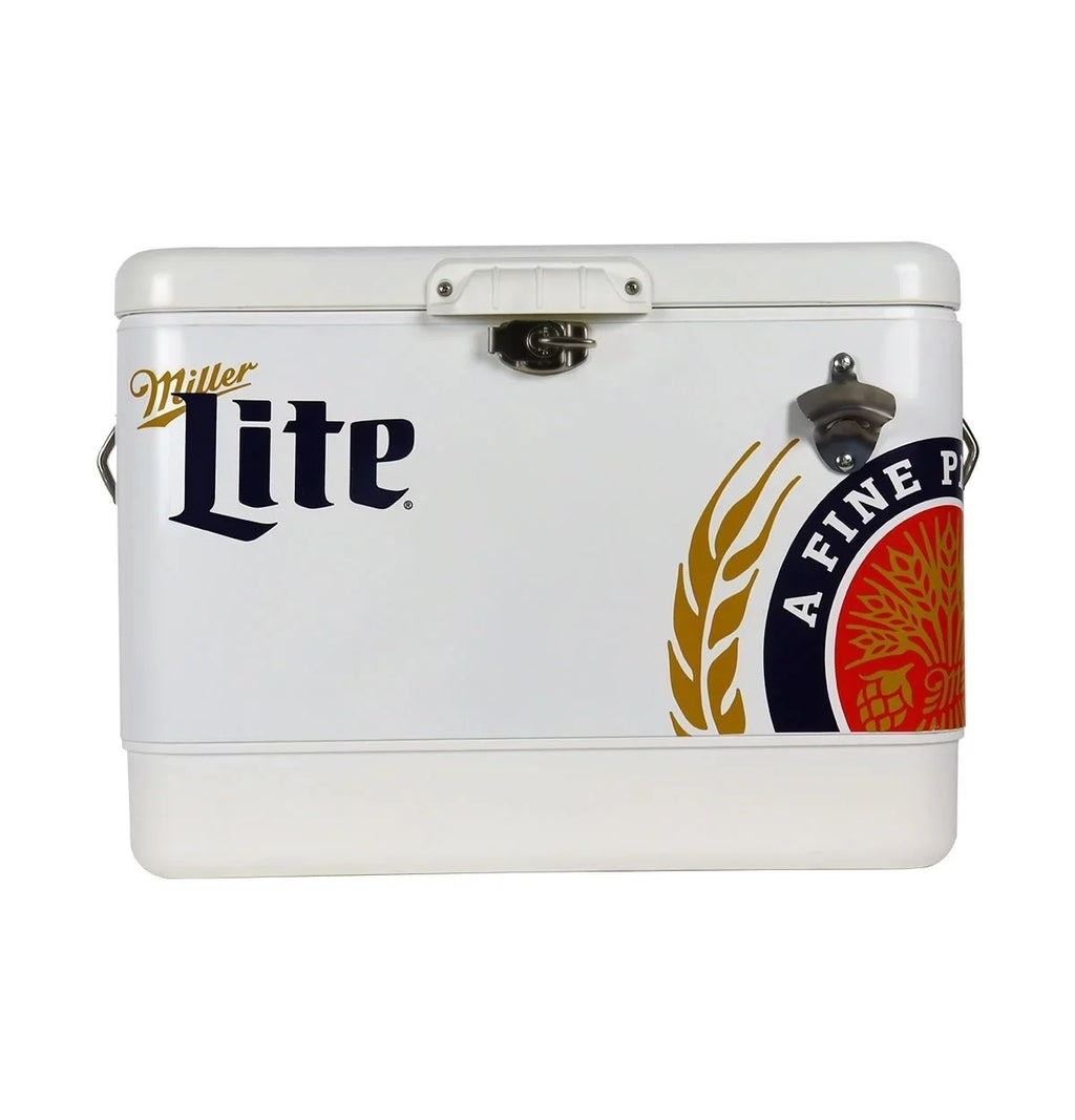 51L Fishing 85 Tailgating, Blue, Camping, Beach, Portable Chest with Cooler, RV, QT), Opener, and Beverage BBQs, (54 White steel-belted Can Bottle Miller Lite for Cooler Ice