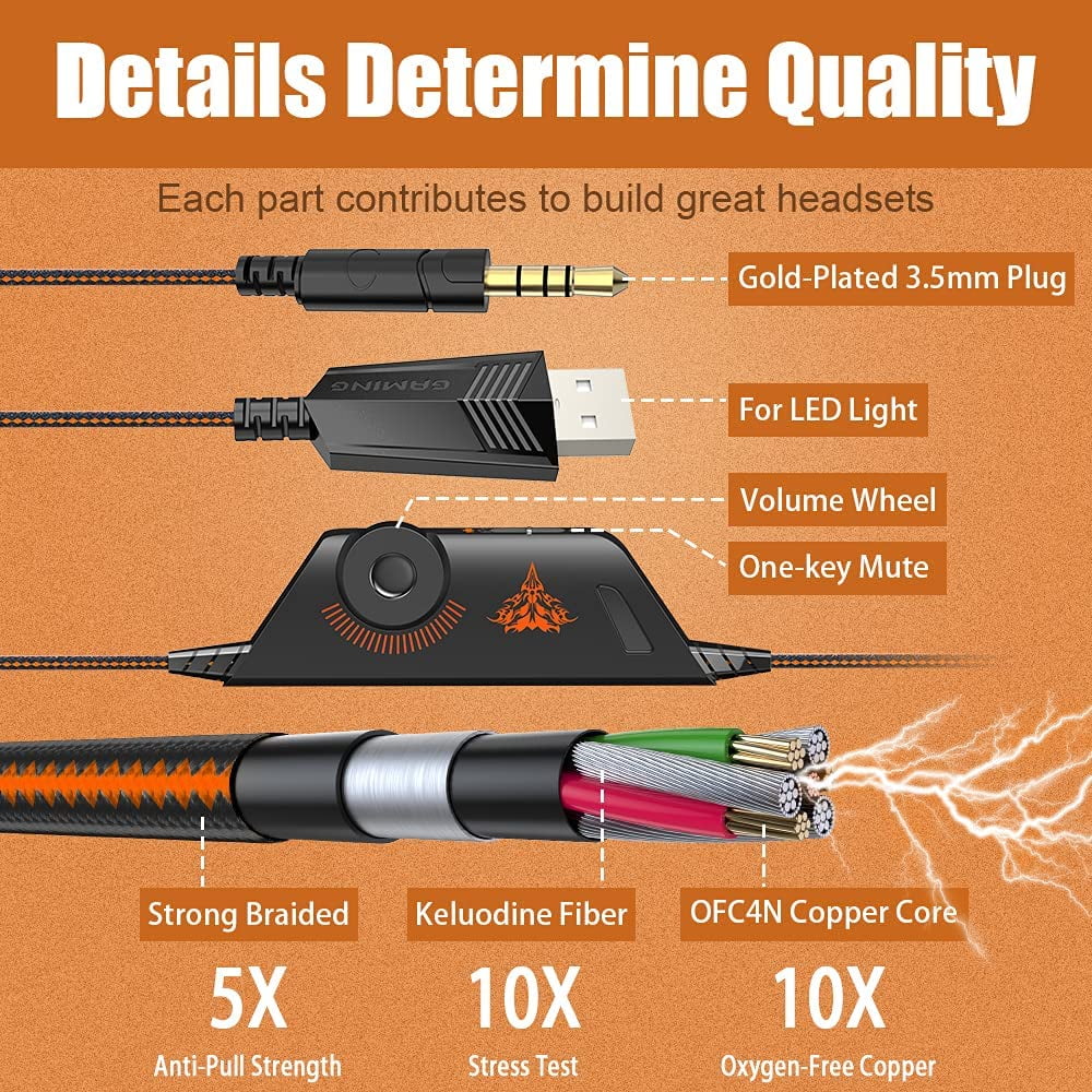Soft BENGOO LED Cancelling Xbox One PS4, Headset Gaming with Over Ear Surround, Mic, Memory Headphones Stereo Bass PC, Earmuffs Noise (Orange) Controller, G9000 Light, for