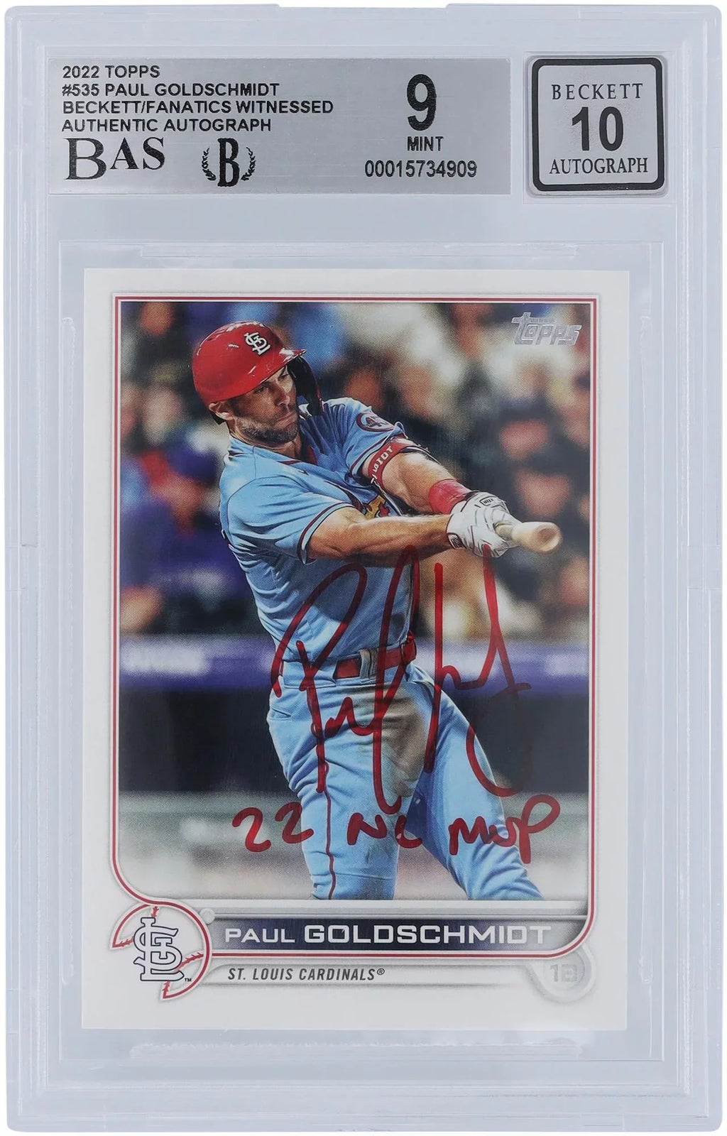 NL Fanatics Beckett Witnessed Goldschmidt 9/10 #535 2 Authenticated Fanatics "22 Series Topps Cardinals - St. 2022 with Card Louis Authentic MVP" Paul Autographed Inscription Certified