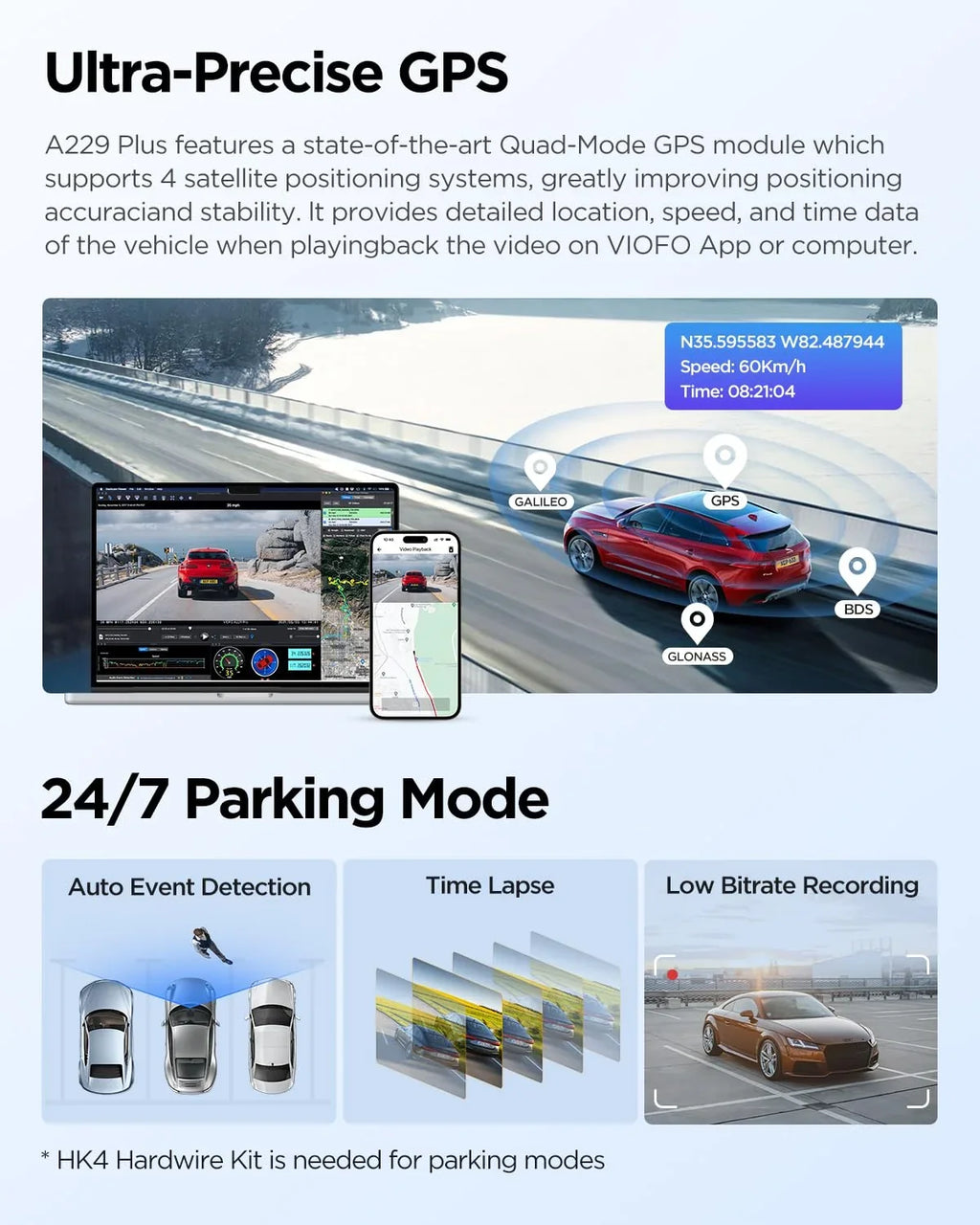 VIOFO Camera Plus 2CH Sensors, 2 Dashcam 1.87 GPS, Rear Dual A229 Front with STARVIS lb 1440P+1440P