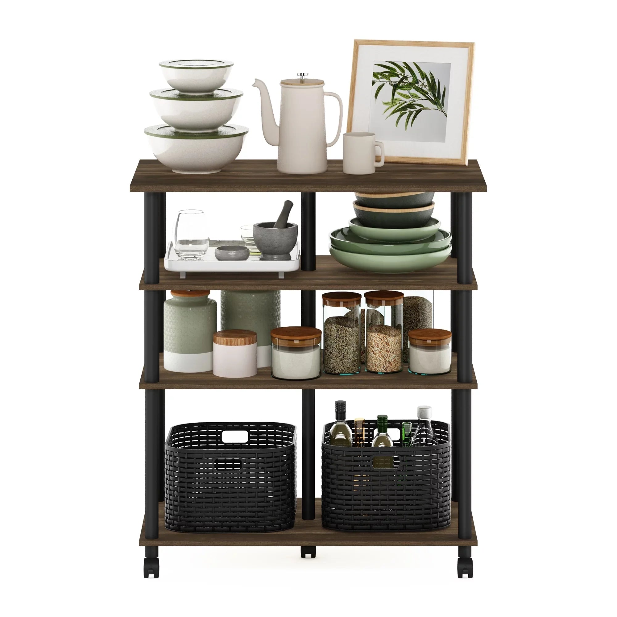 Columbia Walnut/Black Helena wheels, Kitchen Island Furinno 4-Tier on Rolling