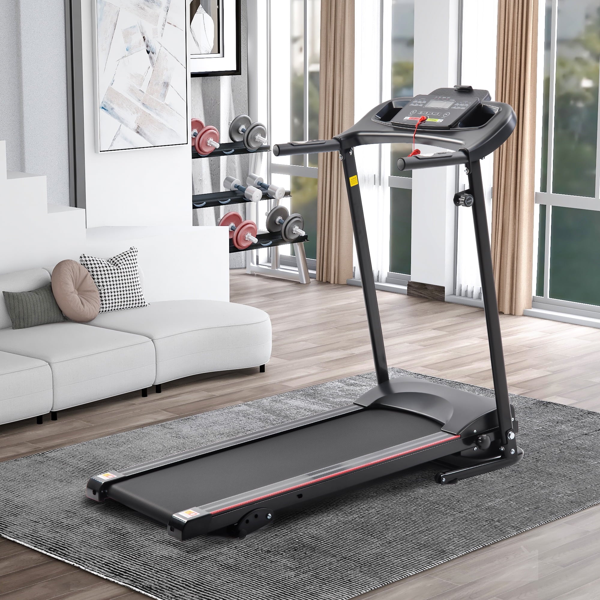 Machine Gym Electric Running Incline Treadmill Folding Sensor Exercise Bluetooth Treadmill Rate 2.5HP Holder Fitness Music Home Cup Foldable, for Indoor 12KM/H Walking with Heart for Home
