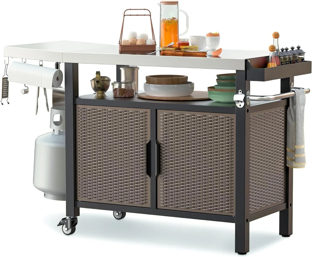 with Table Stainless Indoor Rolling SUSIMOND and Shelf Wheels Countertop, Kitchen Outdoor Storage with Steel Side Cart Cabinet for XL 53-Inch Worktable Dining Island