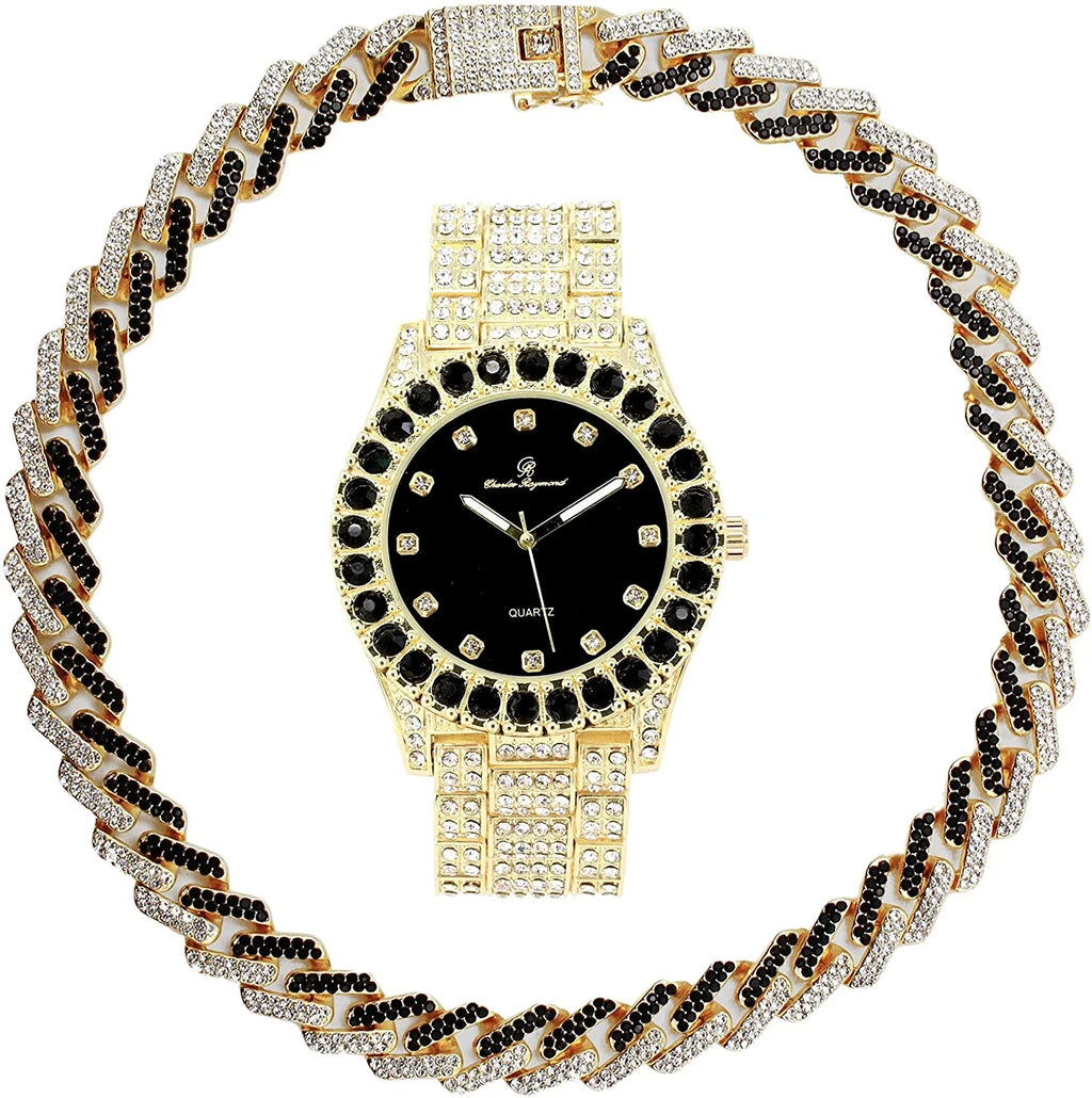 Gold Matching Necklace ZZ on with Charles Hop Black - Trim Hip Rolly Zig with Zag Bling'ed Out Sets(ST10327DX Raymond Out Sets Bling'ed Band Ice Ice on Blast! Necklace - Watch and Looks
