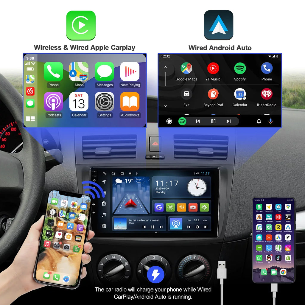 Wheel Car Din 9 Double for with Inch 3 2012 2013 Carplay/Android stereo Mazda 2+32G Radio 2010 TouchScreen Camera 2011 Control Wireless Android Backup Auto/GPS/Bluetooth/FM/AUX-in/Steering 10 Built-in