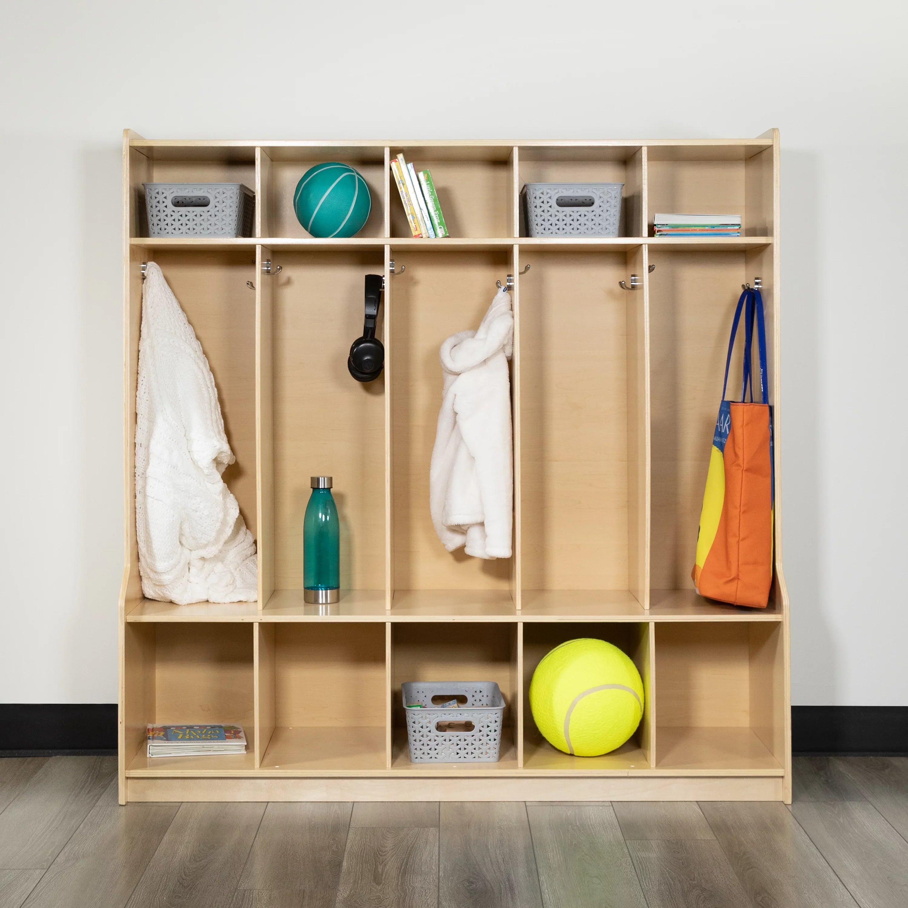 Organizer Hook-Safe, - with Locker Friendly Kid Bench, 48"L x Wooden (Natural) Design School 48"H Section Coat BizChair 5 and Storage Cubbies,