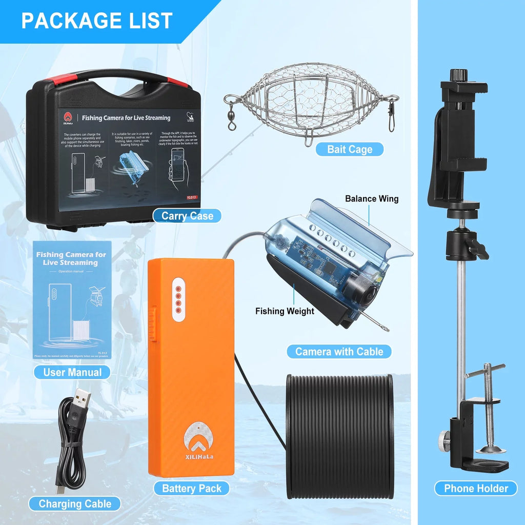 Boat Cage Holder Finder Fishing Sea with Lake Kayak Ice with 50M Control Cable Fishing Live Camera APP Case Underwater Bait 1080P Camera Video Carry for Fish Fishing Phone Mobile Dcenta