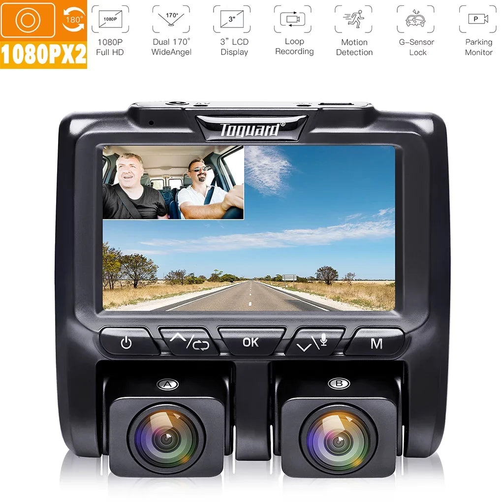 Dash Black 1080P+1080P Camera Front Cams and Inside LCD 3" Cam, Car Dashboard Dual Camera TOGUARD Dash Full HD