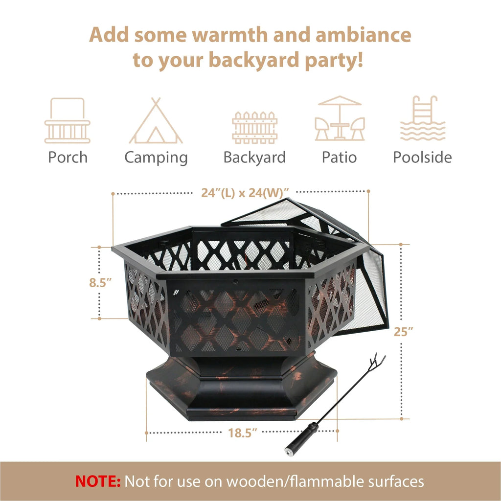 Lid, Backyard, Portable Burning 24¡¯¡¯ Pit W/Mesh Outdoor - Black Pire Wood Bonfire Hex-Shaped ZenSports