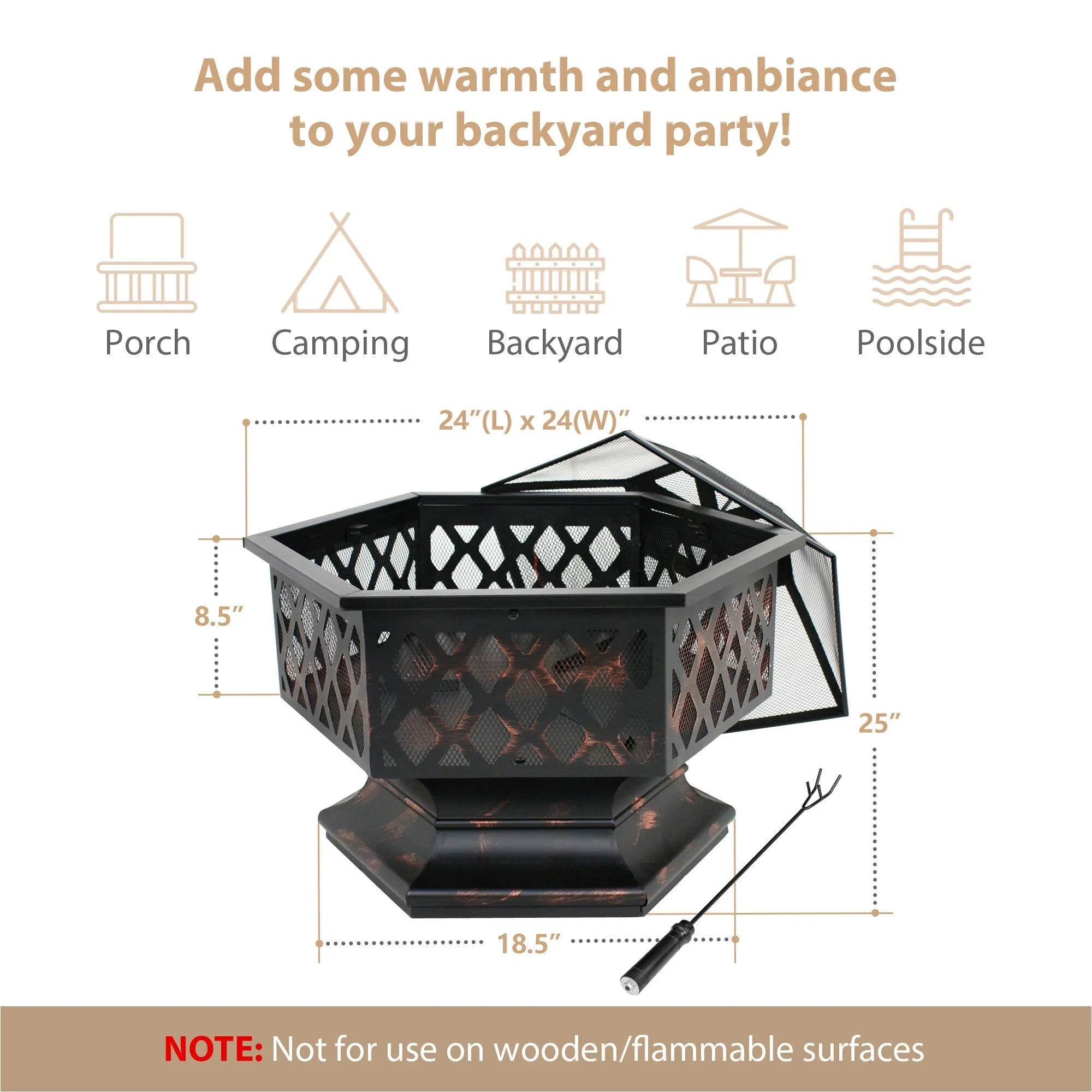 Lid, Backyard, Portable Burning 24¡¯¡¯ Pit W/Mesh Outdoor - Black Pire Wood Bonfire Hex-Shaped ZenSports