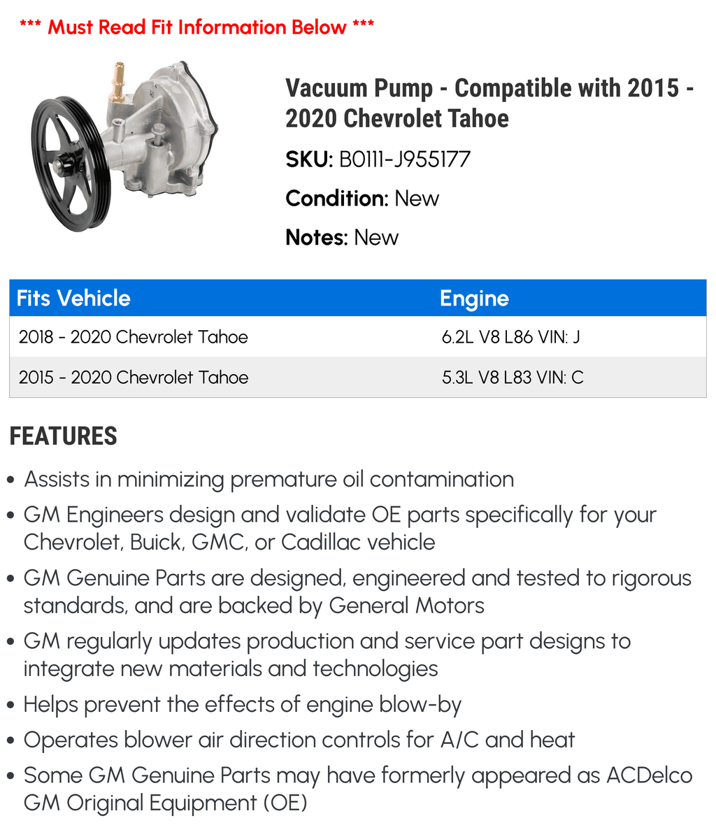 2016 2019 Tahoe - Chevy Vacuum with Compatible - 2018 2017 2015 2020 Pump