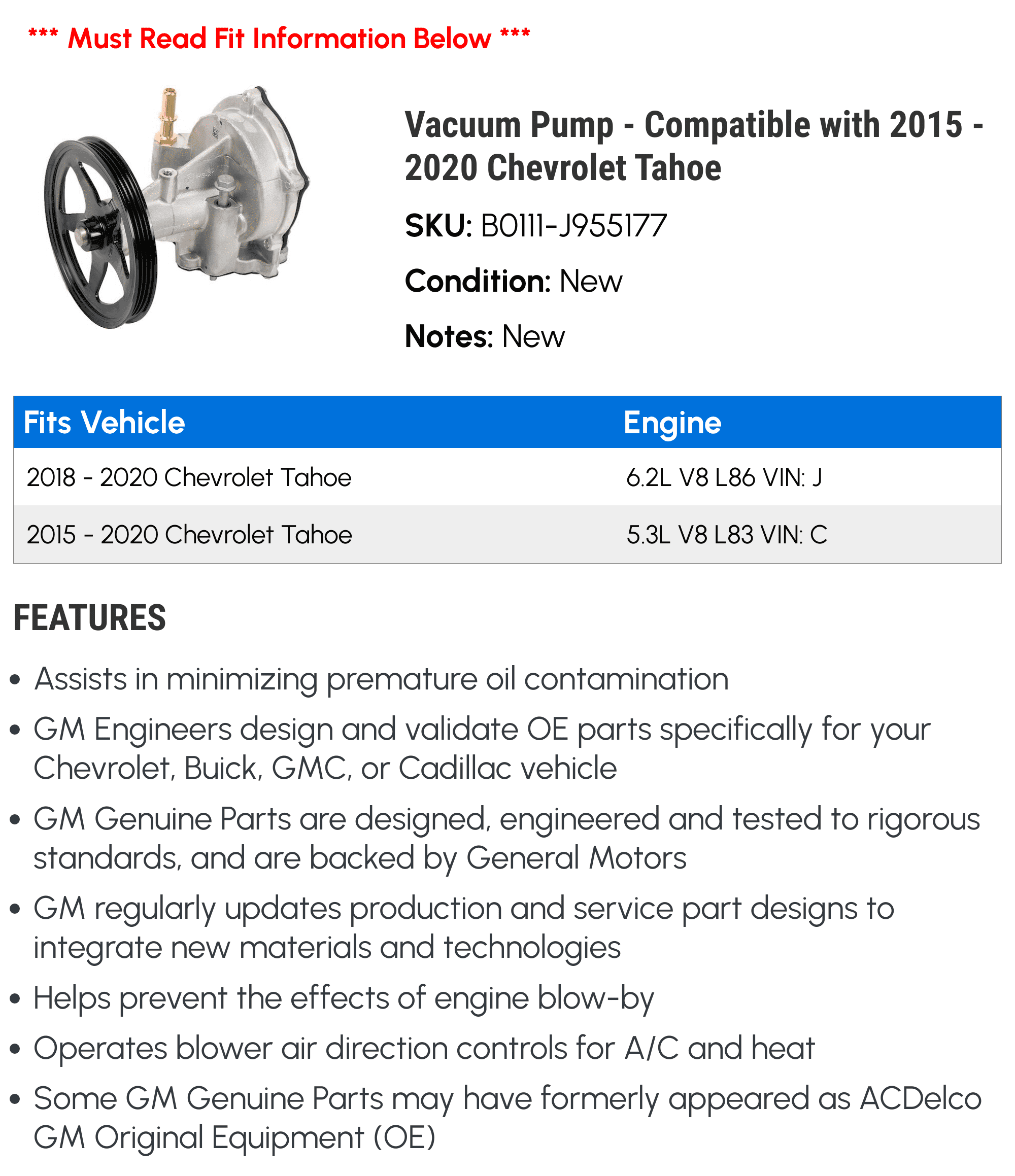 2016 2019 Tahoe - Chevy Vacuum with Compatible - 2018 2017 2015 2020 Pump