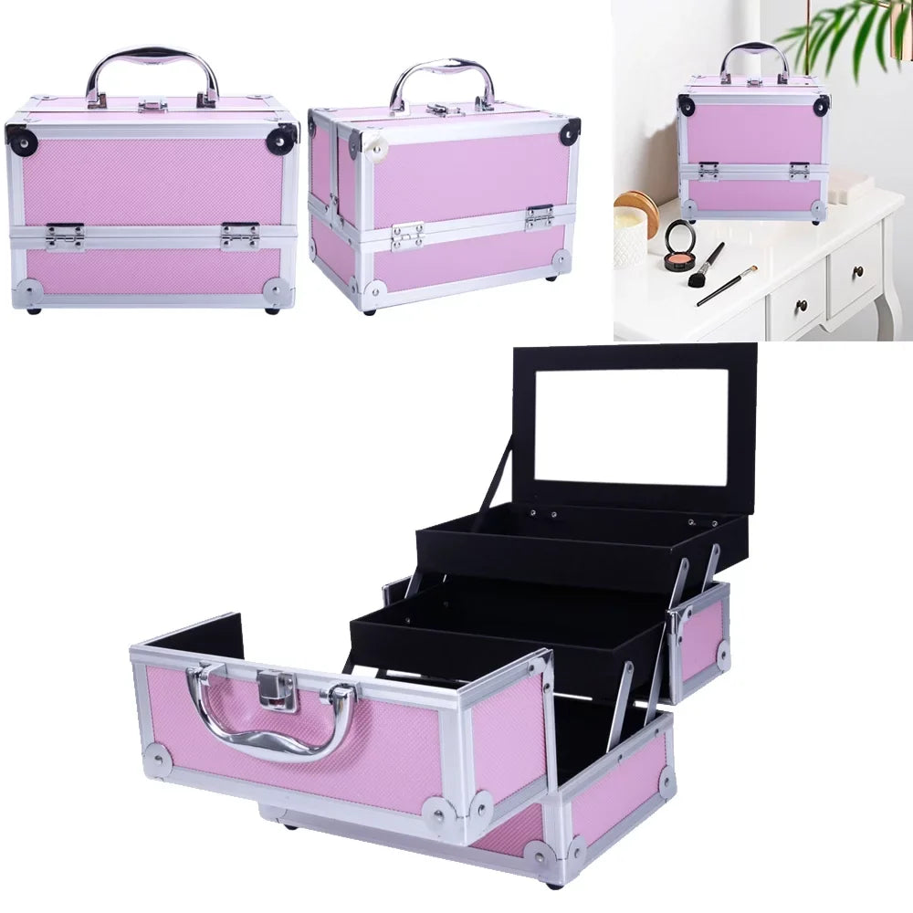 Box Train Makeup Mirror Bag Pink Portable Jewelry with Case Zimtown Aluminum Storage Silver Lock Case