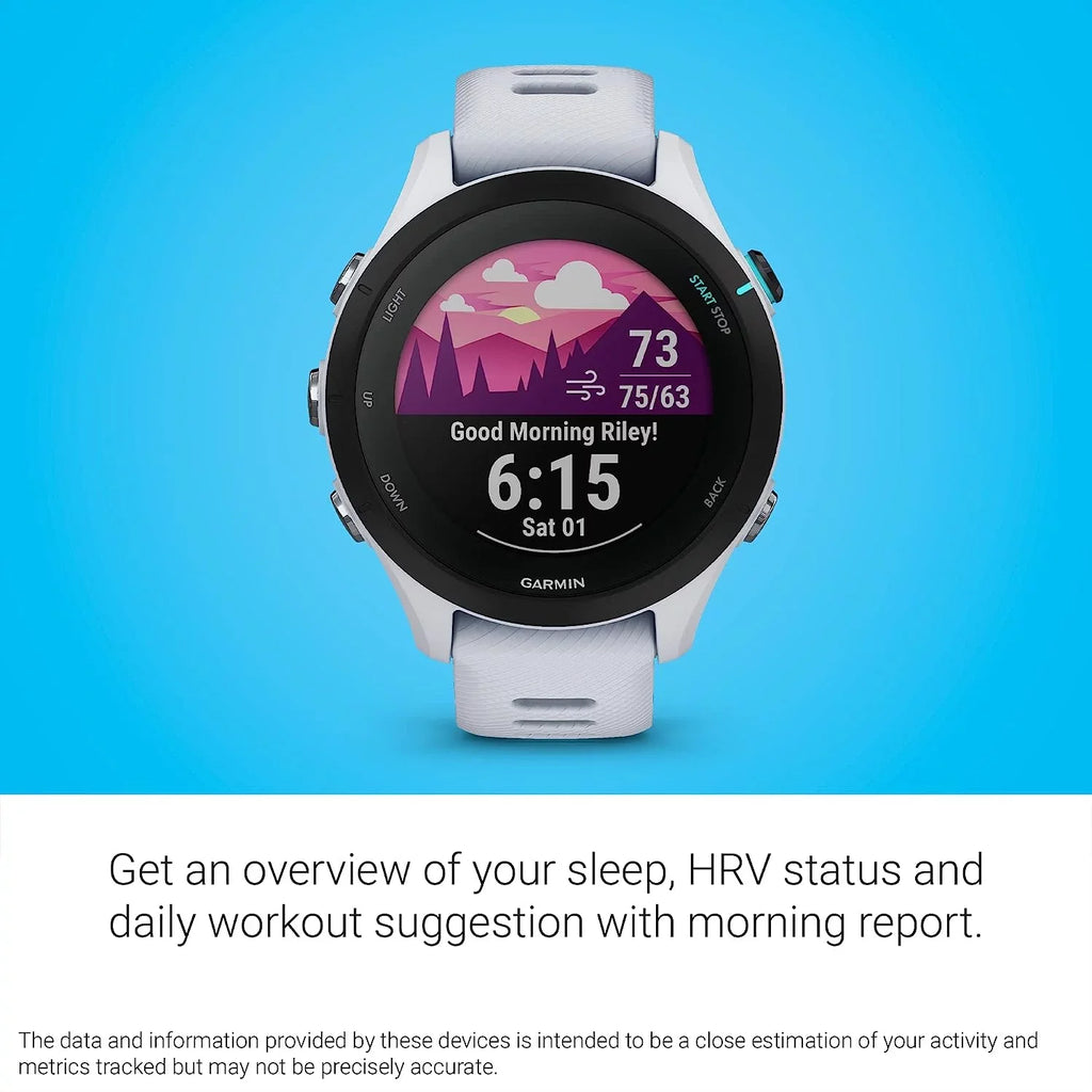 Battery, Charging Smaller Insights, with & Towel, Running 6Ave Smartwatch Cleaning Music, Garmin Music, Kit with 255S Base, Long-Lasting Workout Forerunner Travel Advanced GPS Whitestone
