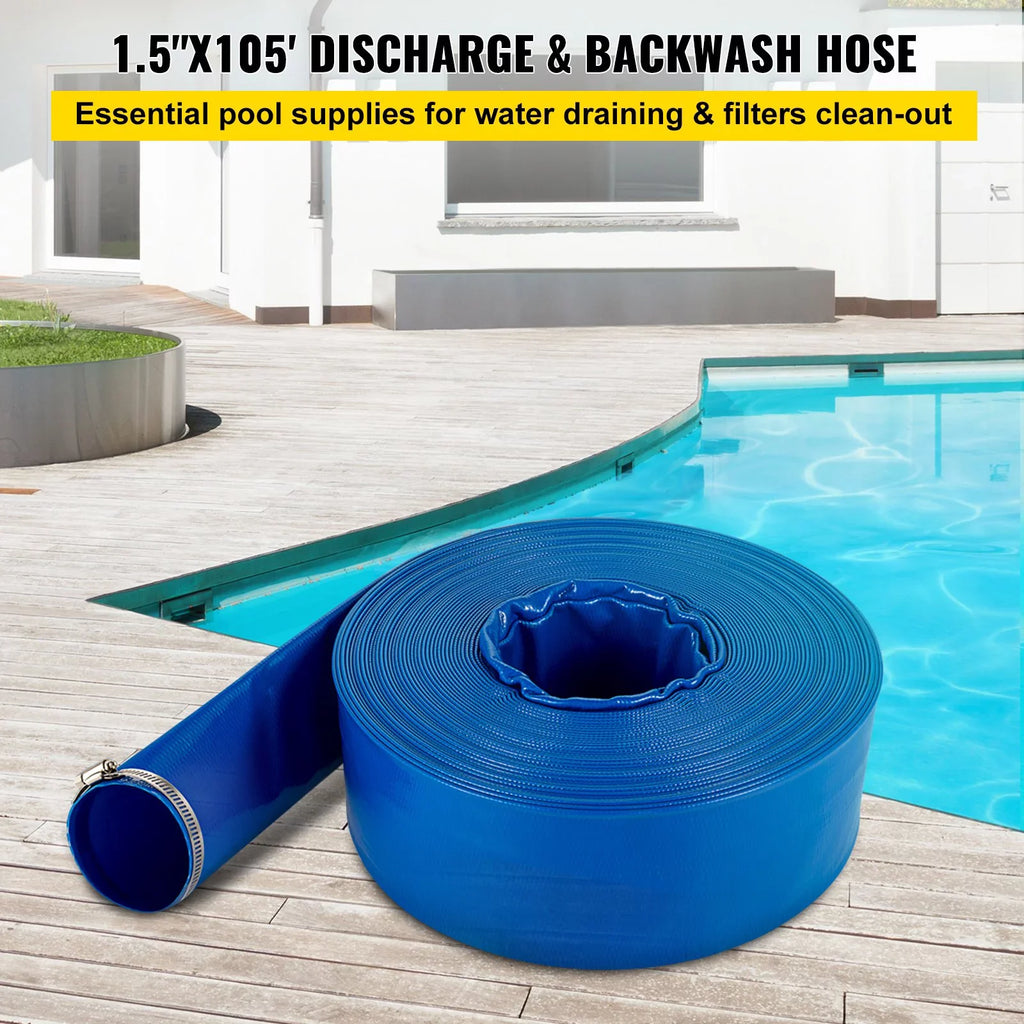 Water 1-12" Hose Drain Transfer, with Backwash & Heavy for Pool Discharge Hose, PVC Fabric 105', Hose, Blue & Duty Flat Weather-proof VEVOR x Burst-proof, Swimming Lay Ideal Clamps,
