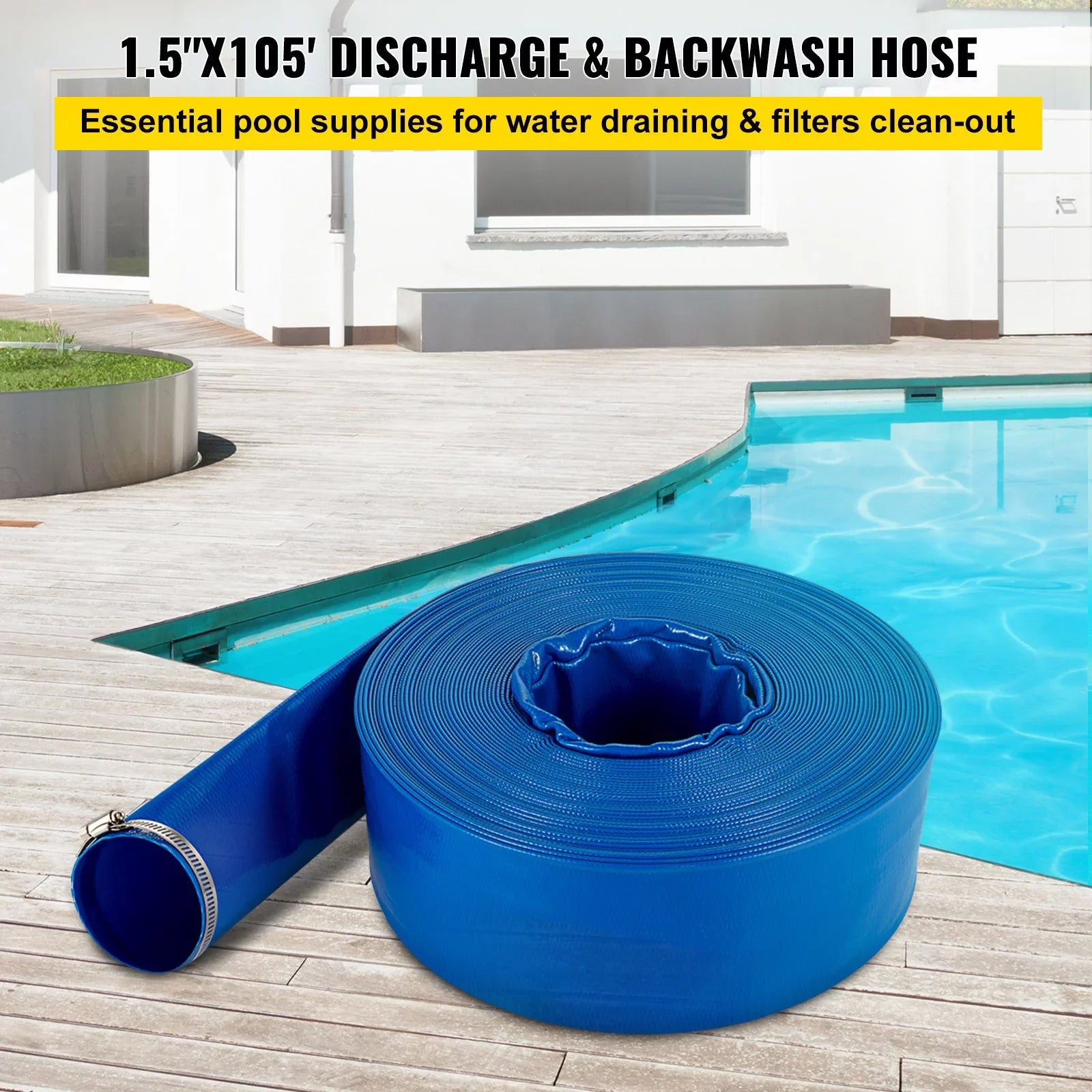 Water 1-12" Hose Drain Transfer, with Backwash & Heavy for Pool Discharge Hose, PVC Fabric 105', Hose, Blue & Duty Flat Weather-proof VEVOR x Burst-proof, Swimming Lay Ideal Clamps,