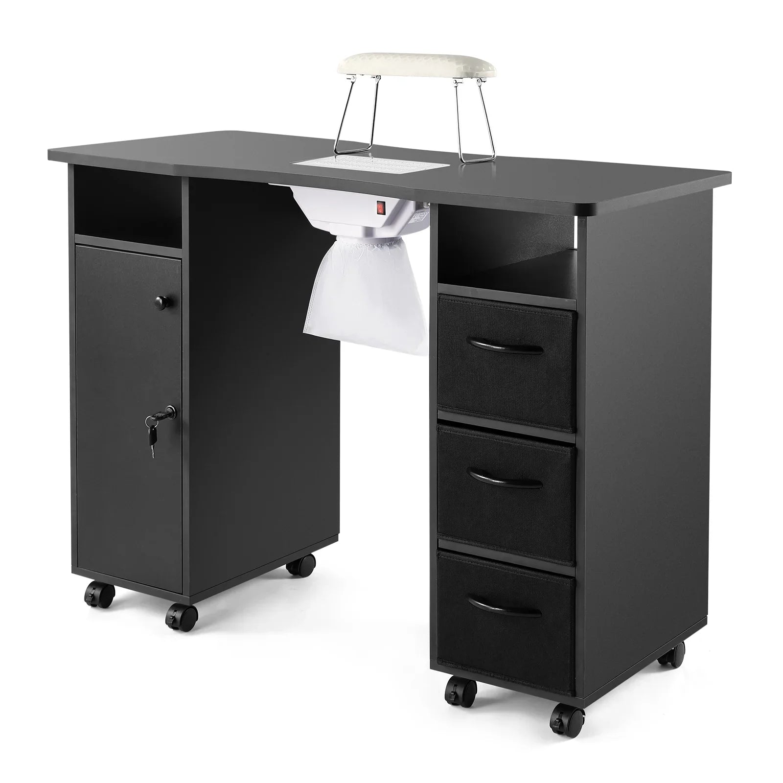 Lockable Manicure Artist Wrist with Desk Nail Table Cushion, Shelves Black Station Downdraft Beauty Wheels, Vent, Electric Drawers, Hand