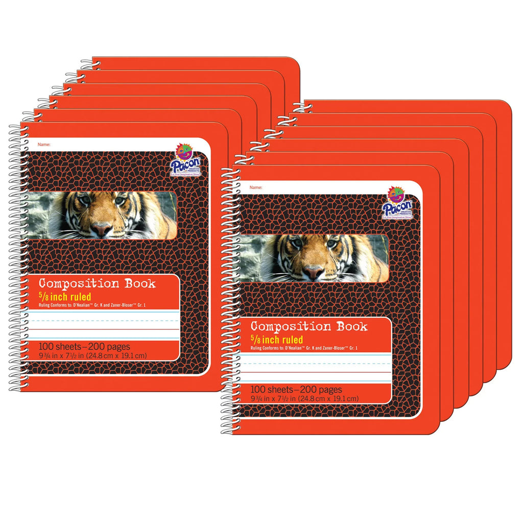 Primary x Ruled, 12 of Pack 9.75" Spiral 7.5", Red/Tiger, 5/8" Bound, Book, Pages, 200 Composition