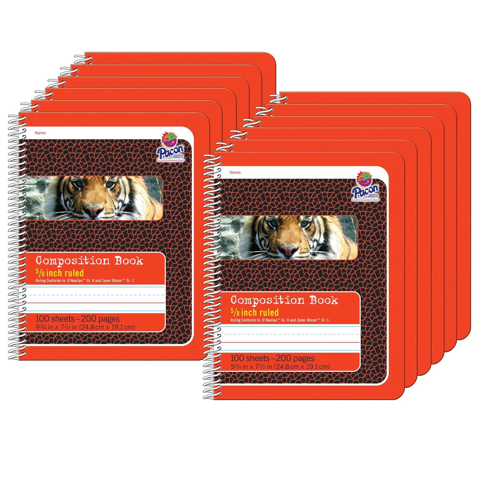 Primary x Ruled, 12 of Pack 9.75" Spiral 7.5", Red/Tiger, 5/8" Bound, Book, Pages, 200 Composition