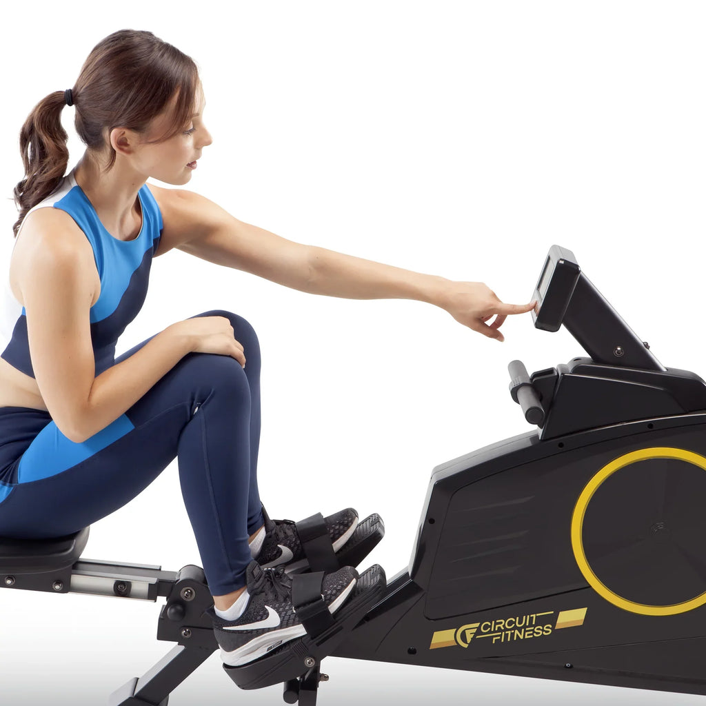 with Monitor 8 CIRCUIT Foldable Deluxe Wheels/LCD Machine AMZ-986RW Settings/Transport Magnetic Resistance Rowing FITNESS