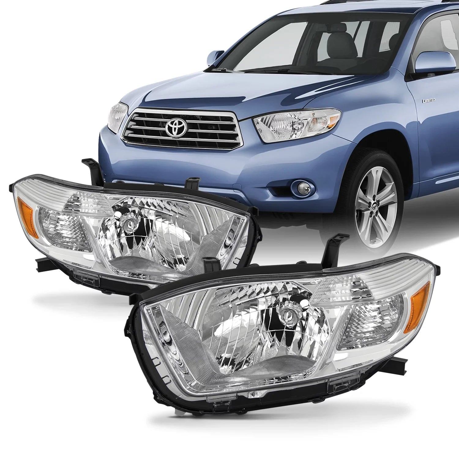 [Halogen Fits Chrome 2010 2008 highlander Type] - Headlights Left+Right 2009 Replacement Pair Toyota AKKON