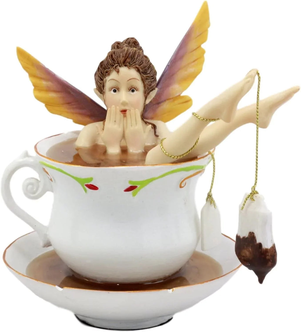 Time 5" Bathing H In With Tea Ebros Collectible Tea Design Fantasy With Bag Fairy Shocked Magical Figurine Cup Cracked Fairy Encounters Saucer Tea