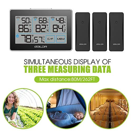 3 Stand Humidity Black LCD, Real-Time Digital and Station Tracker Distance 262 with Meter Touchscreen, Hanging Temperature Built-in - ft Weather Slot, Remote and Max with BALDR Wireless Sensors,