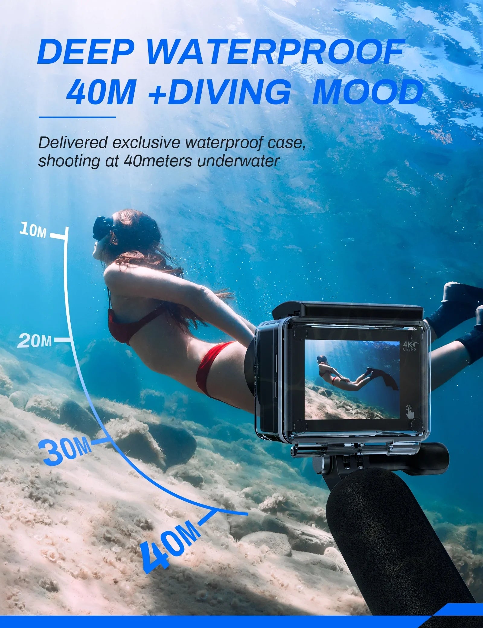 WOLFANG 4K Underwater Camera 24MP Waterproof with Camera Action 40M Control IP68 Remote WiFi Vlogging Case
