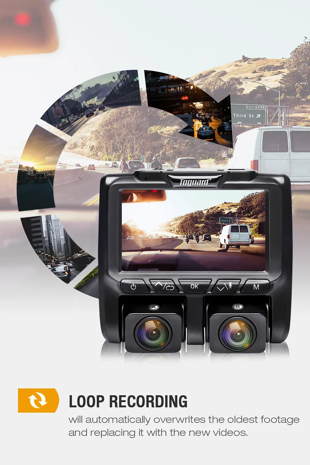 Dash Black 1080P+1080P Camera Front Cams and Inside LCD 3" Cam, Car Dashboard Dual Camera TOGUARD Dash Full HD