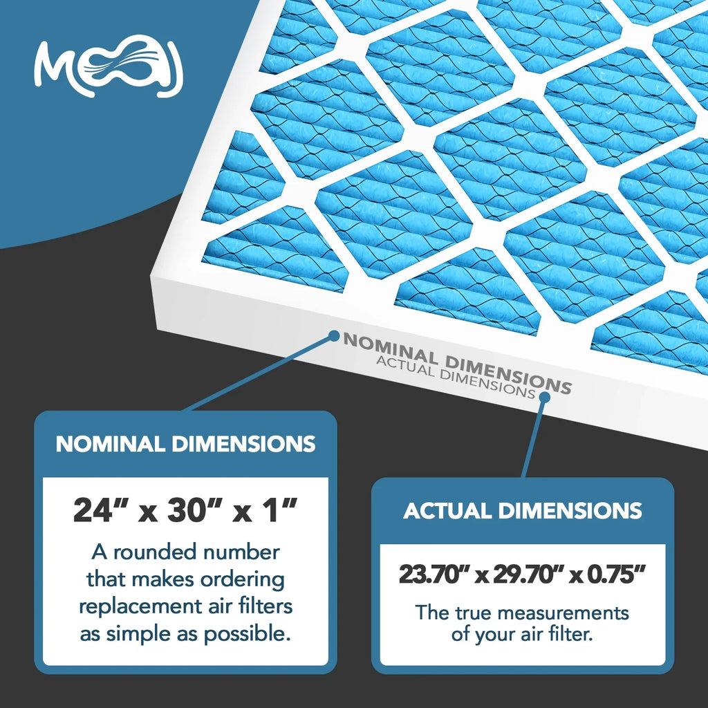 | Premium Air MOAJ 11 (6-PACK) for 24x30x1 (in.) | Dimensions: | BASED | 23.70" Pleated Actual Air MERV Furnace Replacement Applications AC Allergen IN USA Defense | x & Filters x Filter 0.75" 29.70"