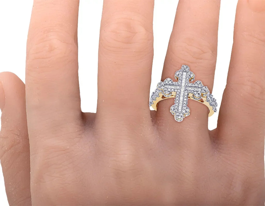 Diamond 0.875 Cross Gold Ring 10K Baguette CT Yellow-White