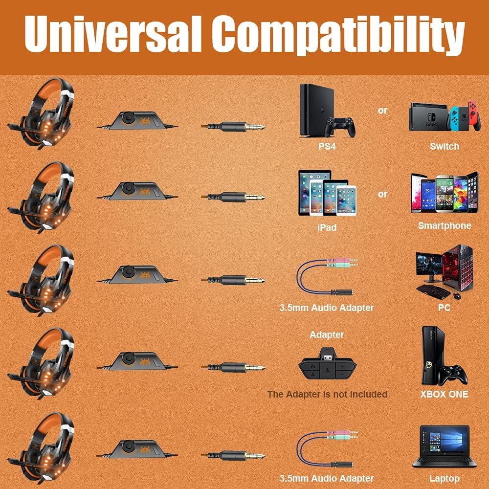 Soft BENGOO LED Cancelling Xbox One PS4, Headset Gaming with Over Ear Surround, Mic, Memory Headphones Stereo Bass PC, Earmuffs Noise (Orange) Controller, G9000 Light, for