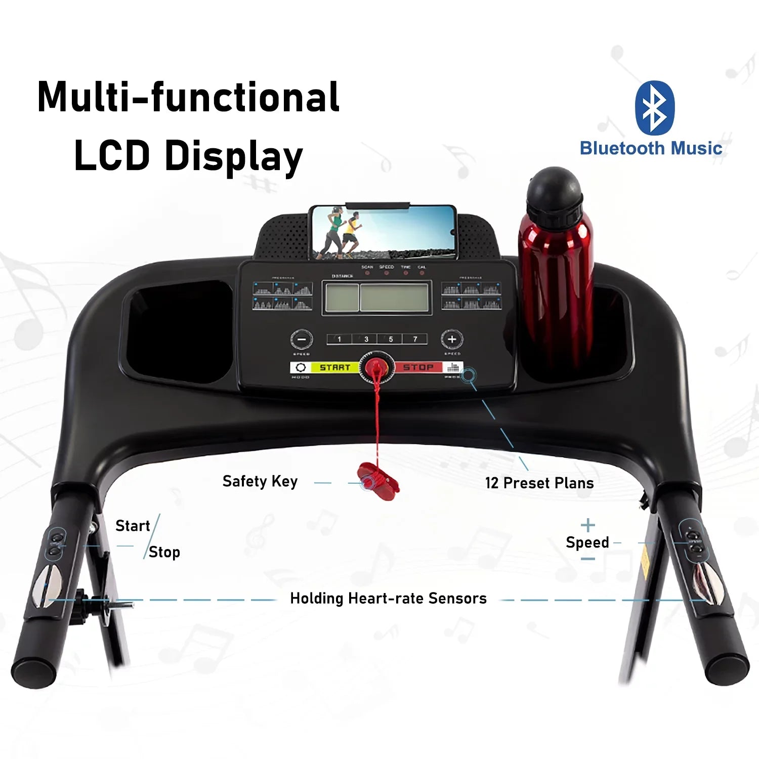 Machine Gym Electric Running Incline Treadmill Folding Sensor Exercise Bluetooth Treadmill Rate 2.5HP Holder Fitness Music Home Cup Foldable, for Indoor 12KM/H Walking with Heart for Home