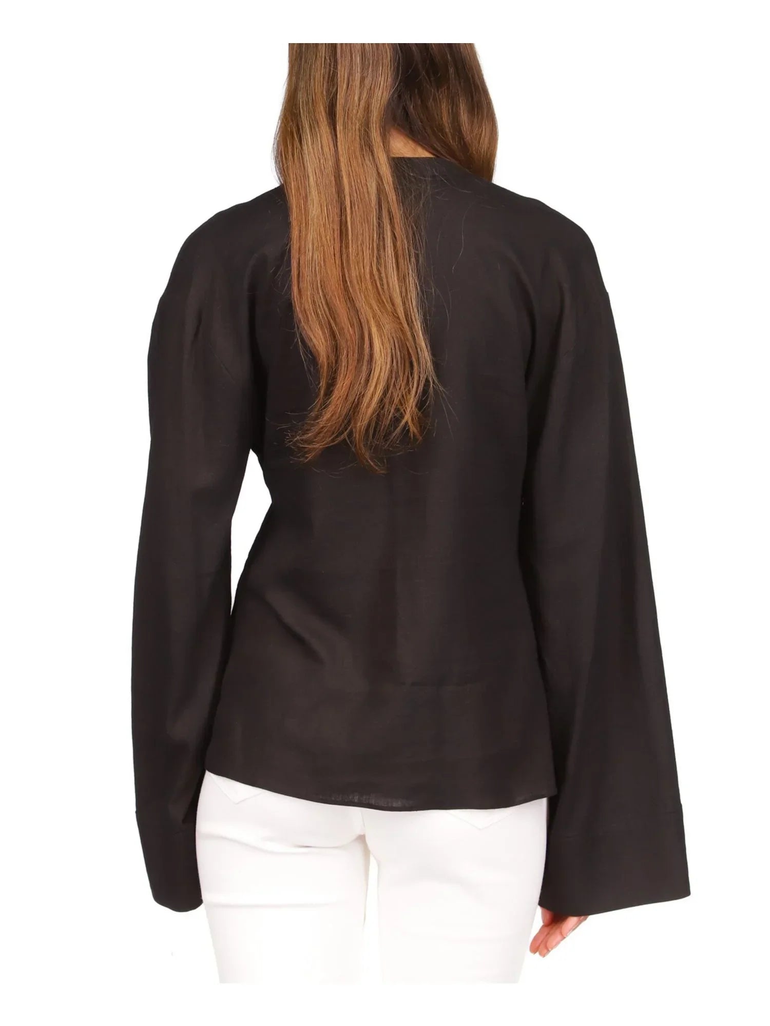 Button MICHAEL Hem Sheer Top Up M Curved KORS Split Womens Waist Tie Sleeve Bell Black Unlined MICHAEL