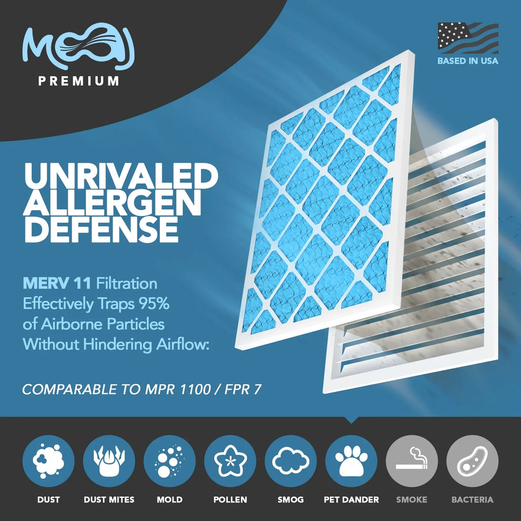 | Premium Air MOAJ 11 (6-PACK) for 24x30x1 (in.) | Dimensions: | BASED | 23.70" Pleated Actual Air MERV Furnace Replacement Applications AC Allergen IN USA Defense | x & Filters x Filter 0.75" 29.70"