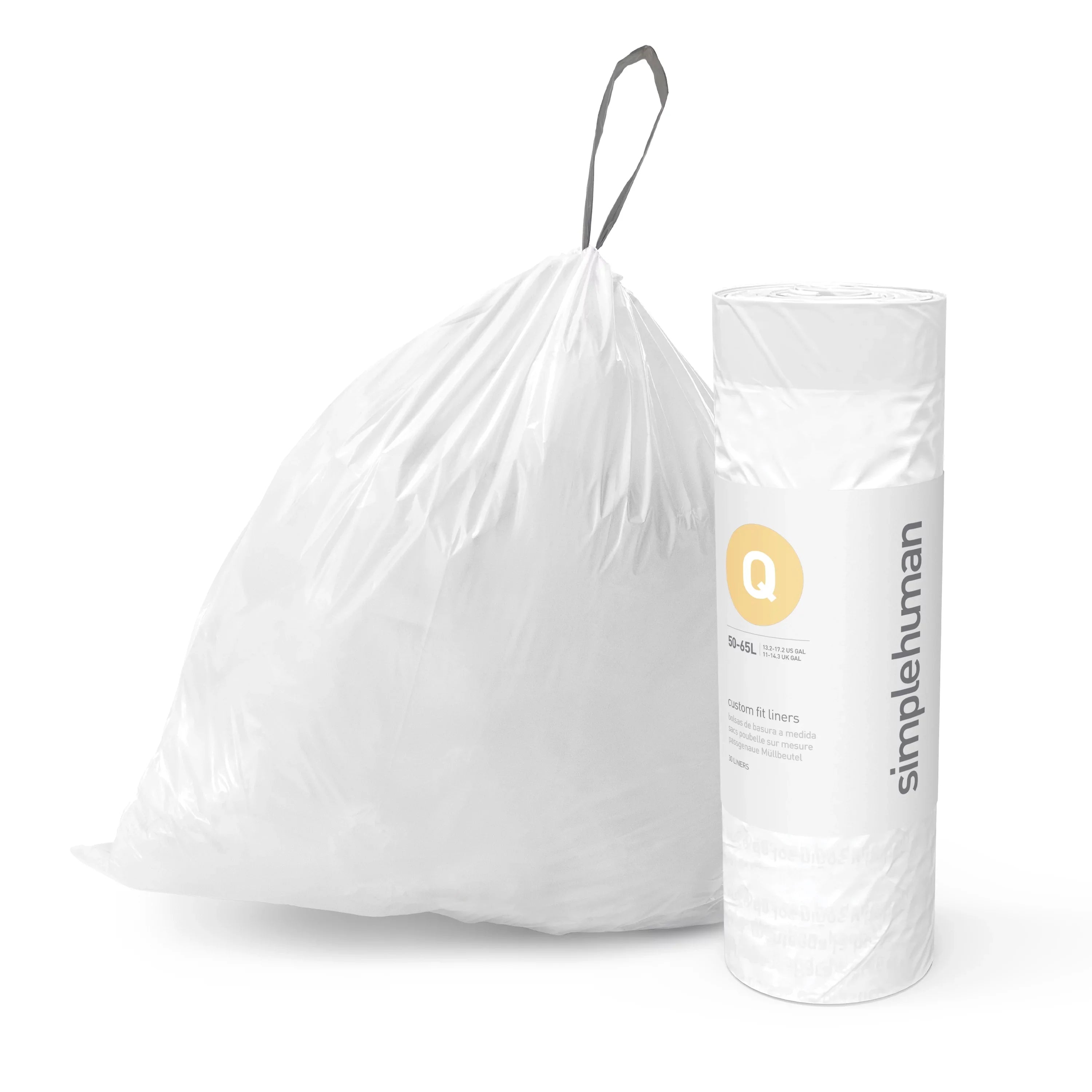 Trash 240 Liter 13-17 simplehuman Bags, Code Fit Custom 50-65 Roll Q Drawstring Gallon, Pack, White /